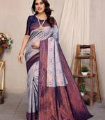 grey neavyblue  soft art silk banarasi jacuard work designer party wear saree with unstitched blouse piece