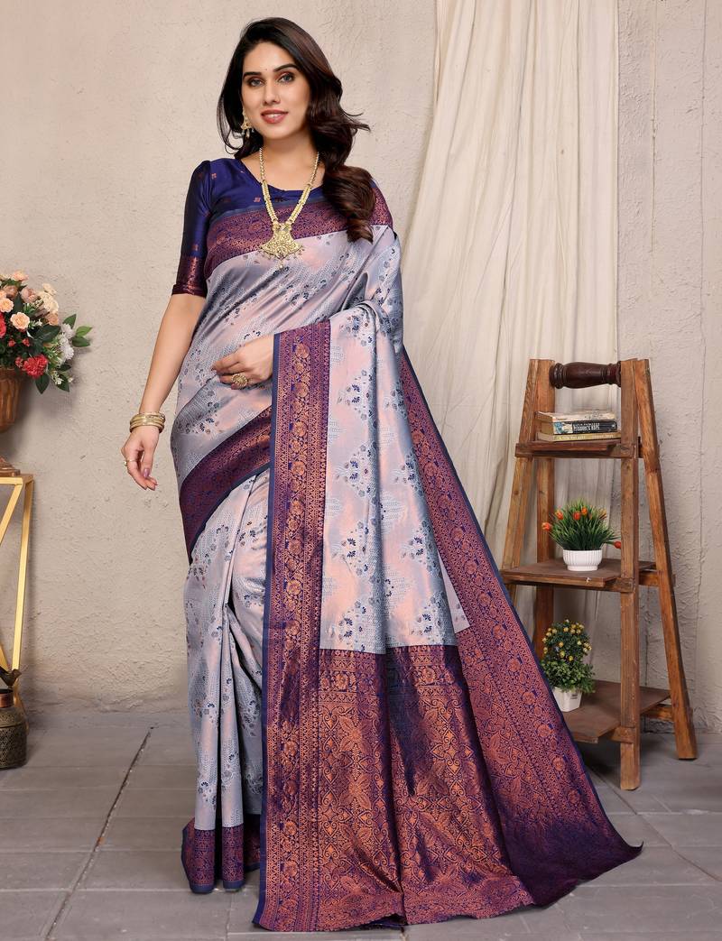 grey neavyblue  soft art silk banarasi jacuard work designer party wear saree with unstitched blouse piece