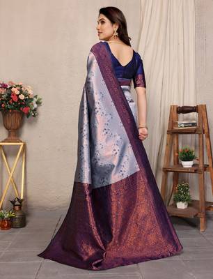 grey neavyblue silk blend banarasi saree with unstitched blouse piece 2