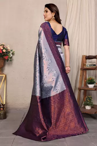 grey neavyblue silk blend banarasi saree with unstitched blouse piece