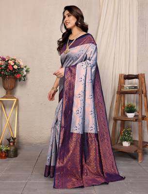 grey neavyblue silk blend banarasi saree with unstitched blouse piece 3