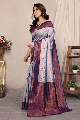 grey neavyblue silk blend banarasi saree with unstitched blouse piece