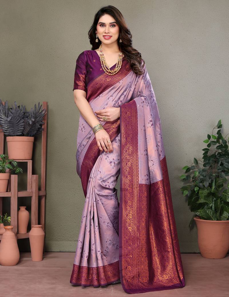 lavender wine  soft art silk banarasi jacuard work designer party wear saree with unstitched blouse piece