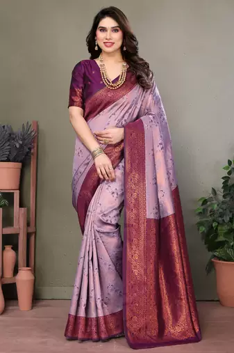 lavender wine silk blend banarasi saree with unstitched blouse piece