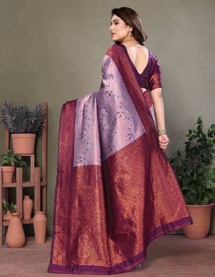 lavender wine silk blend banarasi saree with unstitched blouse piece 3