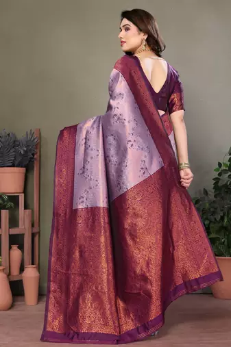 lavender wine silk blend banarasi saree with unstitched blouse piece