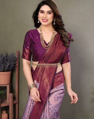 lavender wine silk blend banarasi saree with unstitched blouse piece 4
