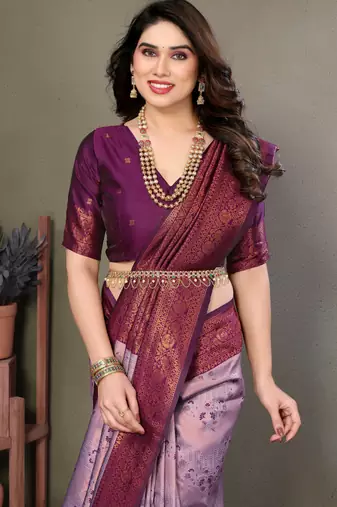 lavender wine silk blend banarasi saree with unstitched blouse piece