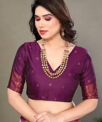 lavender wine silk blend banarasi saree with unstitched blouse piece 5