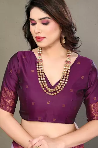 lavender wine silk blend banarasi saree with unstitched blouse piece