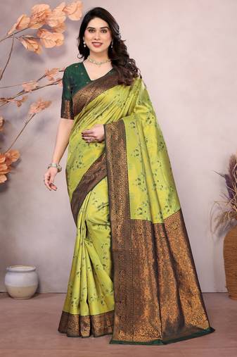 lemon green  soft art silk banarasi jacuard work designer party wear saree with unstitched blouse piece