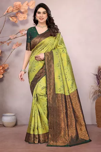 lemon green  soft art silk banarasi jacuard work designer party wear saree with unstitched blouse piece