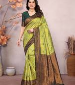lemon green  soft art silk banarasi jacuard work designer party wear saree with unstitched blouse piece