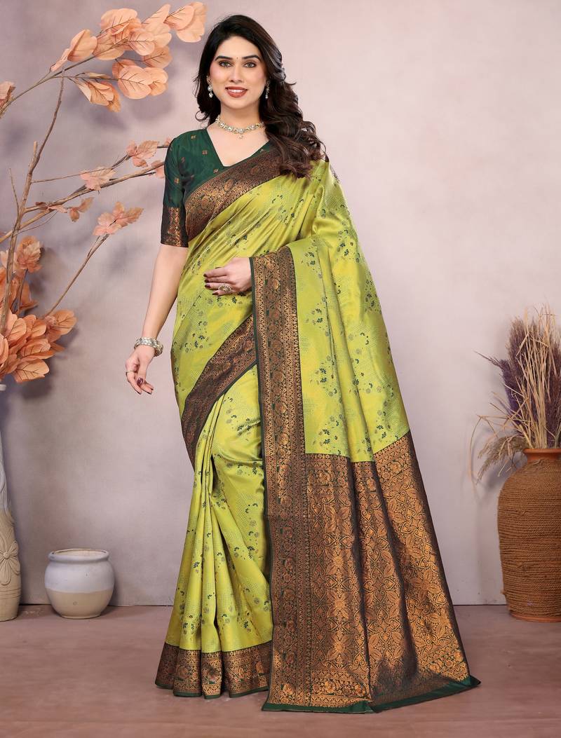 lemon green  soft art silk banarasi jacuard work designer party wear saree with unstitched blouse piece