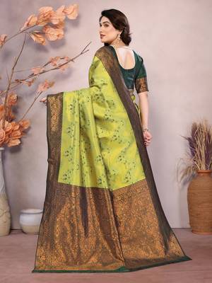 lemon green silk blend banarasi saree with unstitched blouse piece 2
