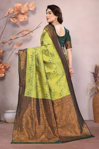 lemon green silk blend banarasi saree with unstitched blouse piece