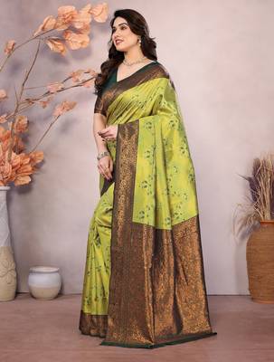 lemon green silk blend banarasi saree with unstitched blouse piece 3