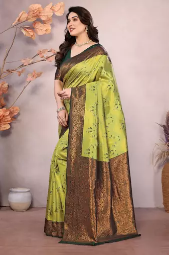 lemon green silk blend banarasi saree with unstitched blouse piece