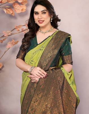 lemon green silk blend banarasi saree with unstitched blouse piece 4
