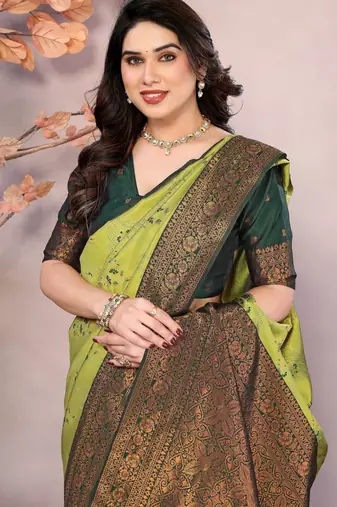 lemon green silk blend banarasi saree with unstitched blouse piece