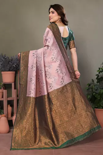 light pink graan silk blend banarasi saree with unstitched blouse piece