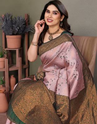 light pink graan silk blend banarasi saree with unstitched blouse piece 4