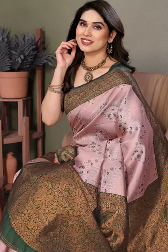 light pink graan silk blend banarasi saree with unstitched blouse piece