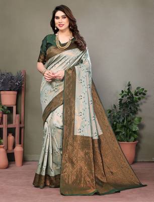 light pista green silk blend banarasi saree with unstitched blouse piece 1
