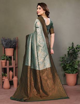 light pista green silk blend banarasi saree with unstitched blouse piece 2