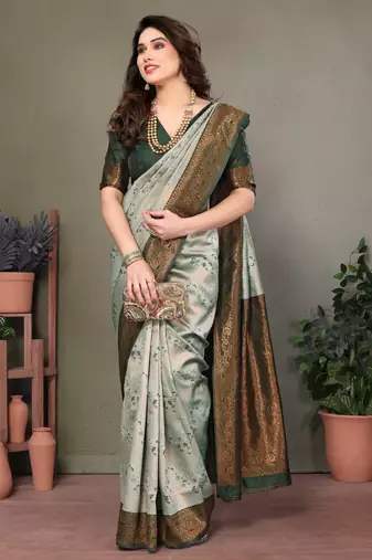light pista green silk blend banarasi saree with unstitched blouse piece