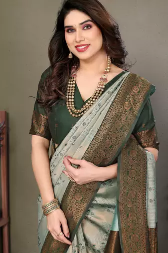 light pista green silk blend banarasi saree with unstitched blouse piece