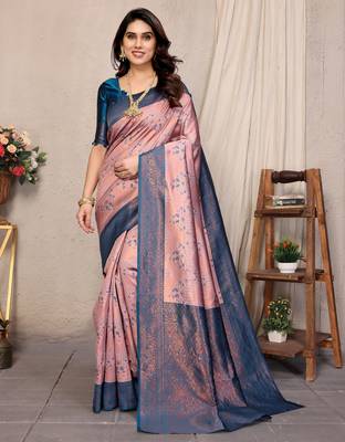 peach sky silk blend banarasi saree with unstitched blouse piece 1