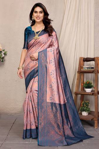 peach sky  soft art silk banarasi jacuard work designer party wear saree with unstitched blouse piece