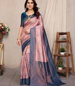 peach sky  soft art silk banarasi jacuard work designer party wear saree with unstitched blouse piece