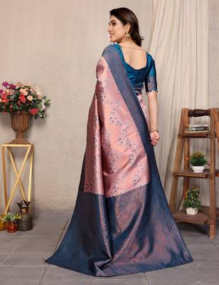 peach sky silk blend banarasi saree with unstitched blouse piece 2