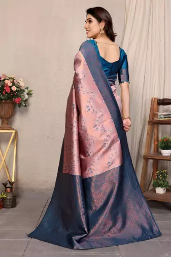 peach sky silk blend banarasi saree with unstitched blouse piece