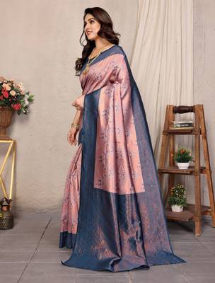 peach sky silk blend banarasi saree with unstitched blouse piece 3
