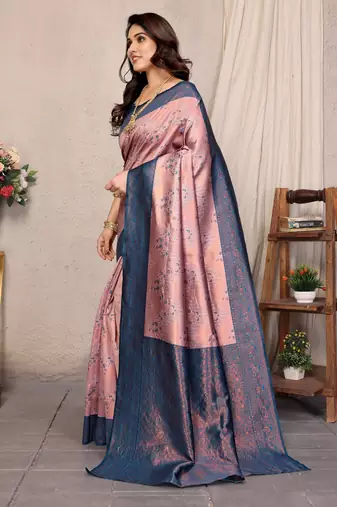 peach sky silk blend banarasi saree with unstitched blouse piece