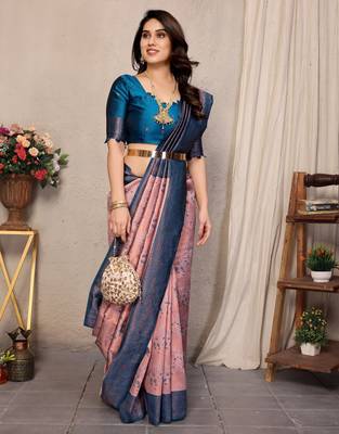 peach sky silk blend banarasi saree with unstitched blouse piece 4
