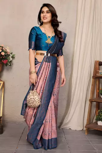 peach sky silk blend banarasi saree with unstitched blouse piece