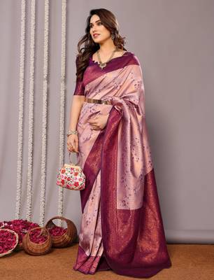 peach wine silk blend banarasi saree with unstitched blouse piece 1