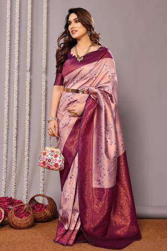 peach wine  soft art silk banarasi jacuard work designer party wear saree with unstitched blouse piece