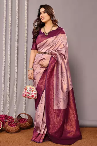 peach wine  soft art silk banarasi jacuard work designer party wear saree with unstitched blouse piece