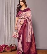 peach wine  soft art silk banarasi jacuard work designer party wear saree with unstitched blouse piece