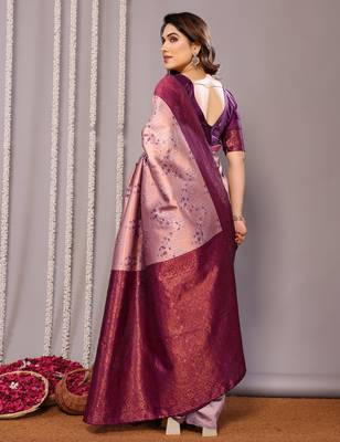 peach wine silk blend banarasi saree with unstitched blouse piece 2
