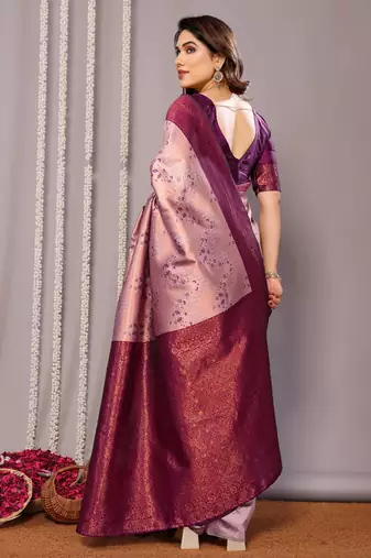 peach wine silk blend banarasi saree with unstitched blouse piece