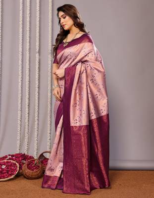 peach wine silk blend banarasi saree with unstitched blouse piece 3