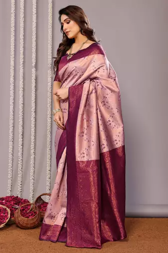 peach wine silk blend banarasi saree with unstitched blouse piece