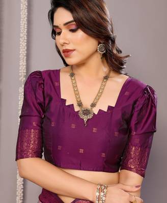 peach wine silk blend banarasi saree with unstitched blouse piece 5