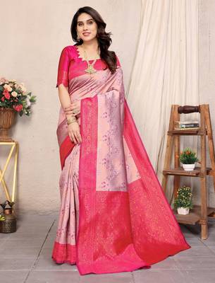 pink silk blend banarasi saree with unstitched blouse piece 1